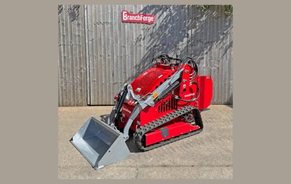 Mini skid steer loader with bucket, front three-quarter view